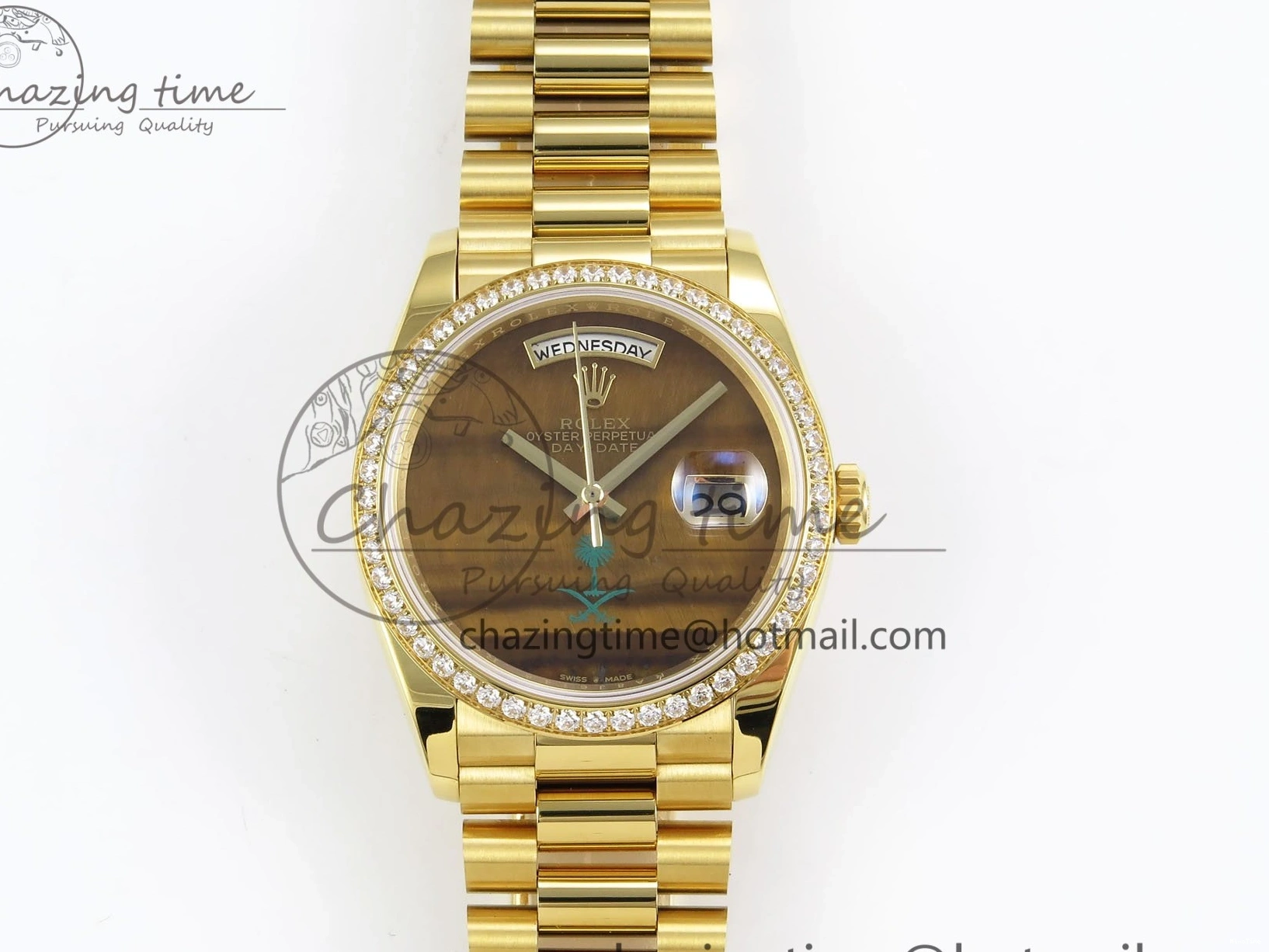 MiroTime 0121 WaterResistant Day Date 36 YG RAF 1:1 Best Edition Brown Oman Dial Diamonds Bezel on YG Bracelet A 1518